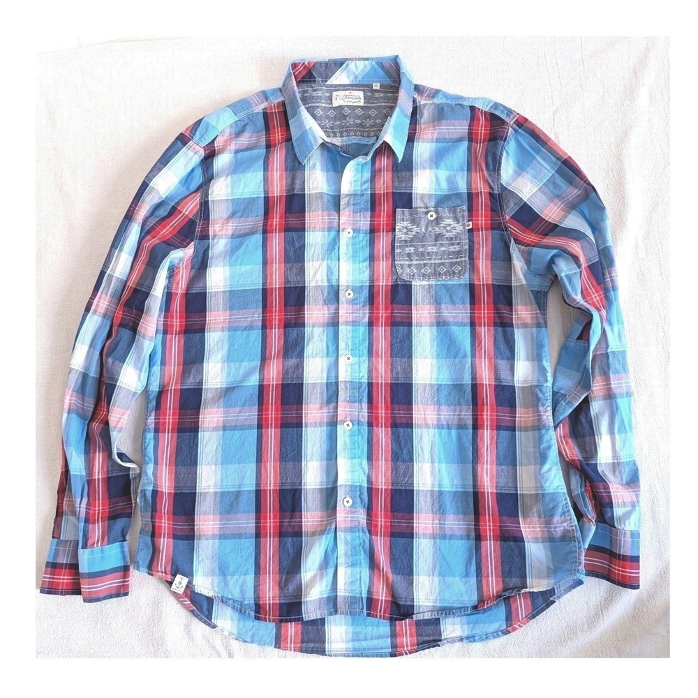 7 Diamonds Mens Plaid Button Down Shirt Blue Red Contrast Trim Long Sleeve